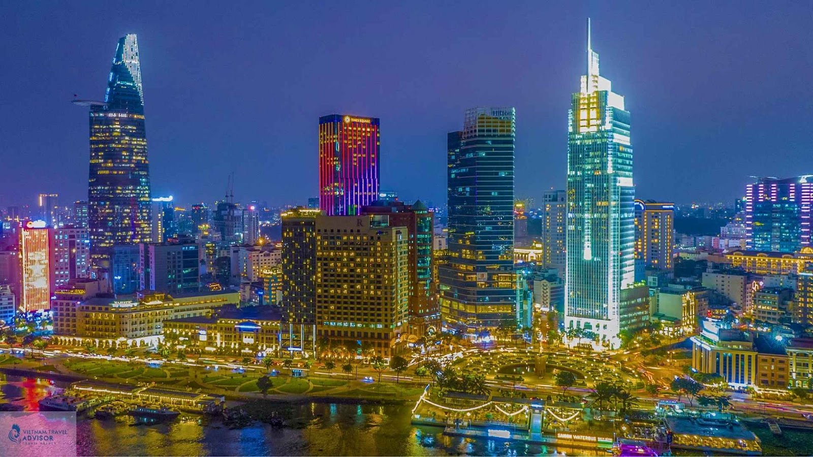 (Ho Chi Minh City at night – the buildings are lit up)